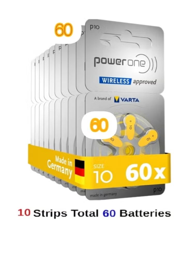 باور ون بطاريات PowerOne P10 لسماعات الأذن، خالية من الزئبق، عالية الأداء، بطارية رقمية صغيرة، 60 قطعة، 1.45 فولت (أصفر) - Image 1