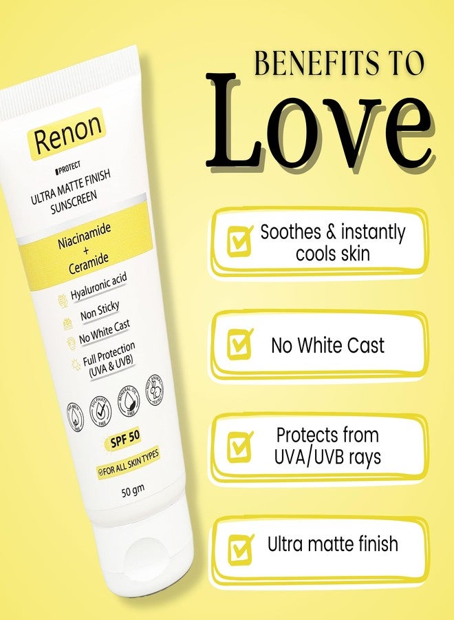 Renon SPF 50 PA+++ 1% Hyaluronic and Matte Finish Aqua Sunscreen Combo | Rice Water + Vitamin C | Niacinamide + Ceramide | No white Cast | Non Sticky - Image 3