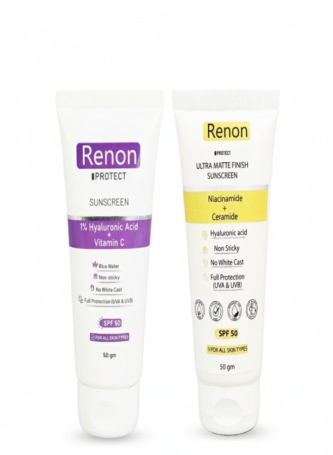 Renon SPF 50 PA+++ 1% Hyaluronic and Matte Finish Aqua Sunscreen Combo | Rice Water + Vitamin C | Niacinamide + Ceramide | No white Cast | Non Sticky - Image 1