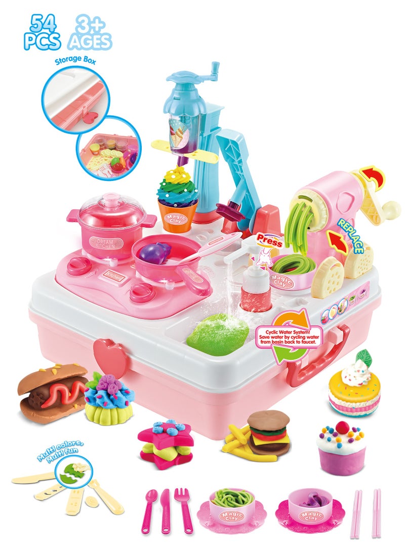 54Pcs 2-in-1 Play Kitchen Set with Ice Cream and Noodle Maker,  Magic Clay Kitchen Playset with Water Cycle Systemr,kids Cooking Baking Set，Pretend Play Kids Cooking for 1-5 Years Old,Built-in Storage Compartment， Boys and Girls ,Pink - Image 1