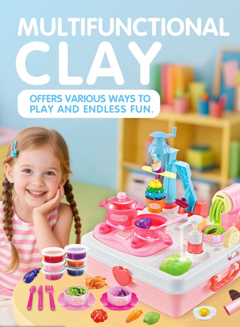 54Pcs 2-in-1 Play Kitchen Set with Ice Cream and Noodle Maker,  Magic Clay Kitchen Playset with Water Cycle Systemr,kids Cooking Baking Set，Pretend Play Kids Cooking for 1-5 Years Old,Built-in Storage Compartment， Boys and Girls ,Pink - Image 2