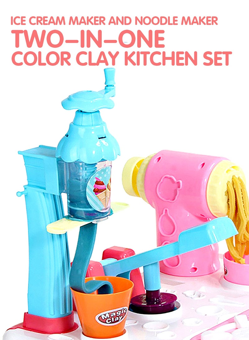 54Pcs 2-in-1 Play Kitchen Set with Ice Cream and Noodle Maker,  Magic Clay Kitchen Playset with Water Cycle Systemr,kids Cooking Baking Set，Pretend Play Kids Cooking for 1-5 Years Old,Built-in Storage Compartment， Boys and Girls ,Pink - Image 3