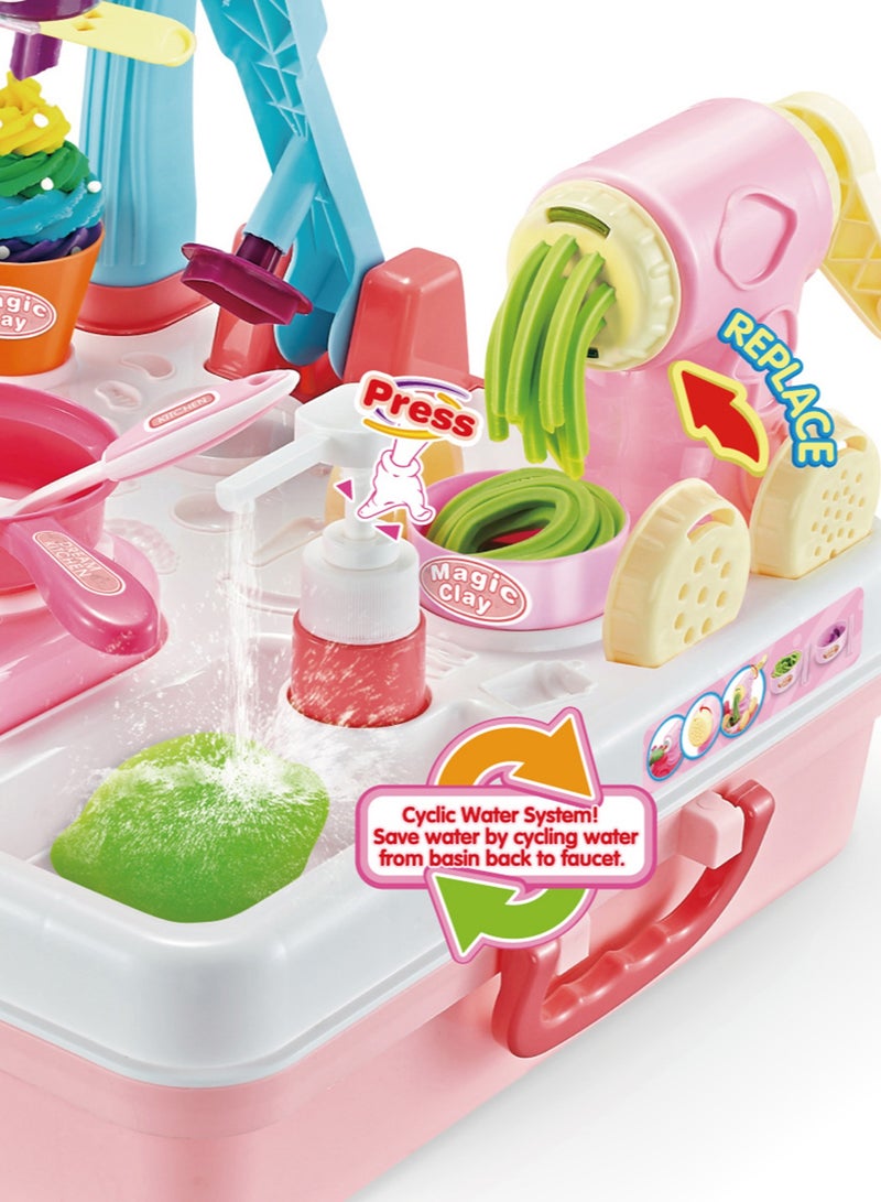 54Pcs 2-in-1 Play Kitchen Set with Ice Cream and Noodle Maker,  Magic Clay Kitchen Playset with Water Cycle Systemr,kids Cooking Baking Set，Pretend Play Kids Cooking for 1-5 Years Old,Built-in Storage Compartment， Boys and Girls ,Pink - Image 5