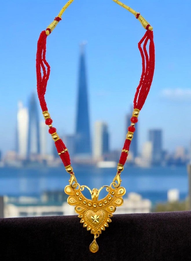 MSN Traditional Gold Tone Heart Pendant Necklace Red Beaded Chain Ethnic Jewelry - Image 3