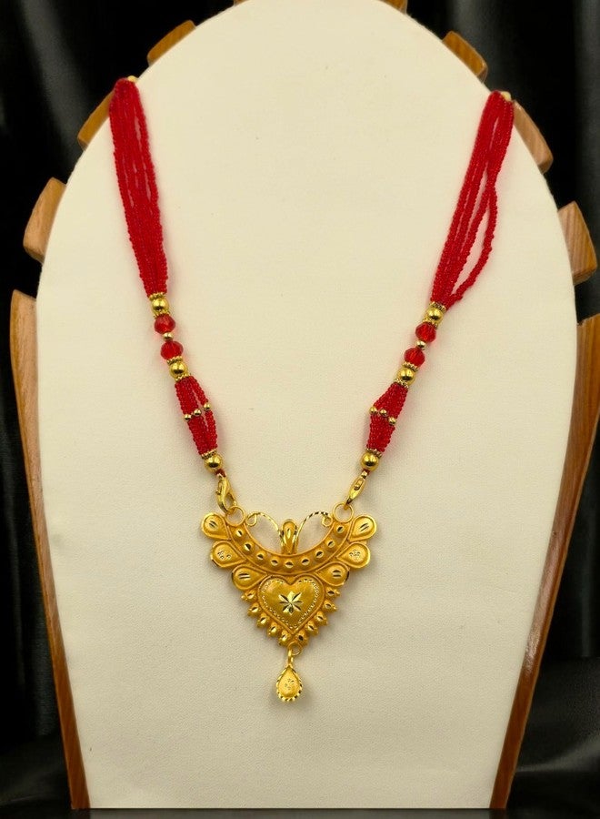 MSN Traditional Gold Tone Heart Pendant Necklace Red Beaded Chain Ethnic Jewelry - Image 2