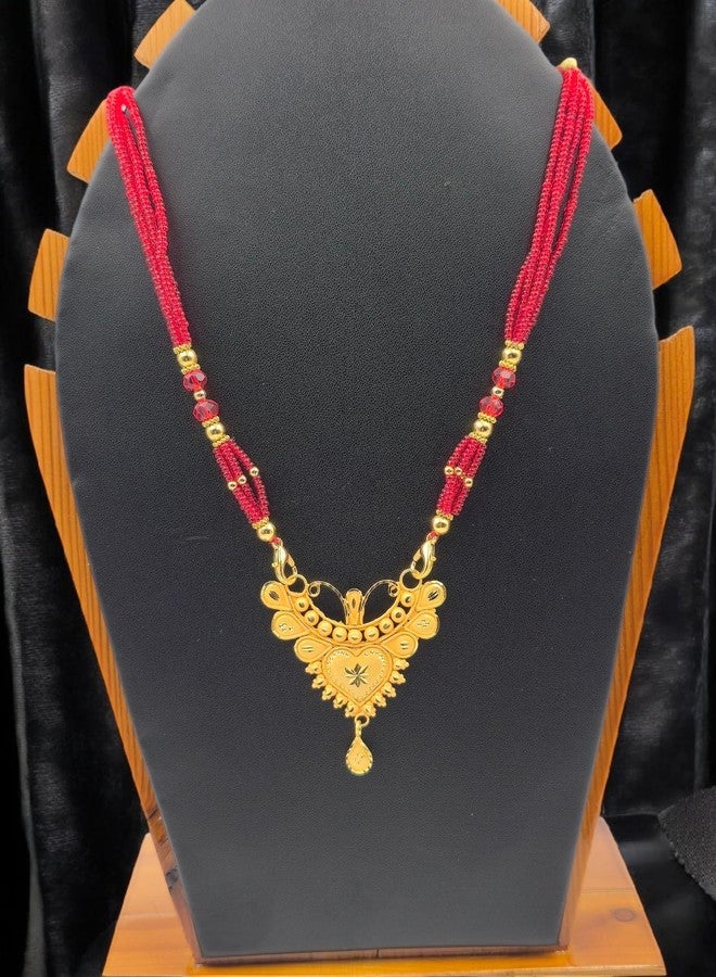 MSN Traditional Gold Tone Heart Pendant Necklace Red Beaded Chain Ethnic Jewelry - Image 4