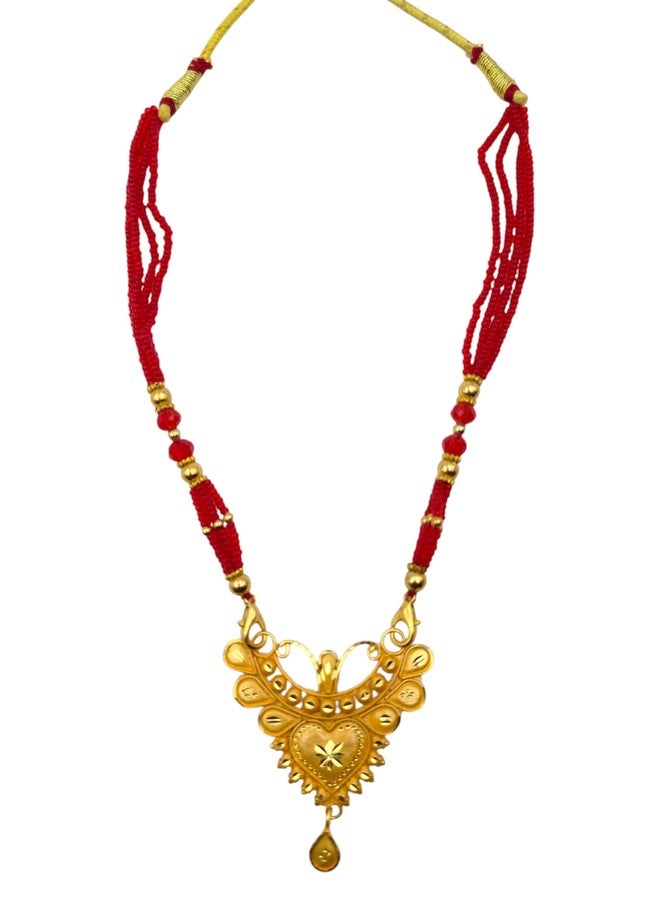 MSN Traditional Gold Tone Heart Pendant Necklace Red Beaded Chain Ethnic Jewelry - Image 1