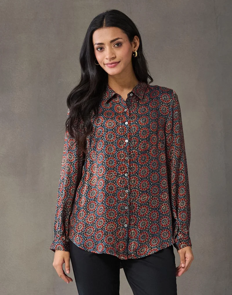 Fabindia Blue-Red Rayon Blend Geometric Shirt