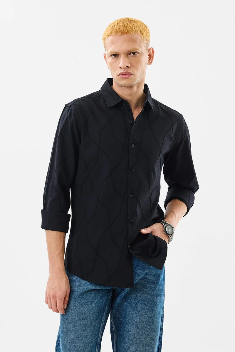سنيتش Slim Fit Stretch Textured Black Shirt