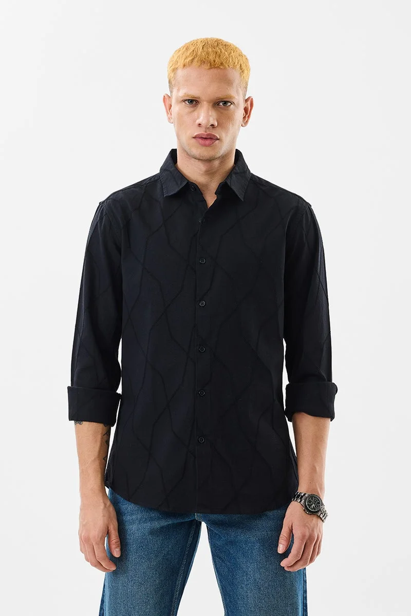 سنيتش Slim Fit Stretch Textured Black Shirt