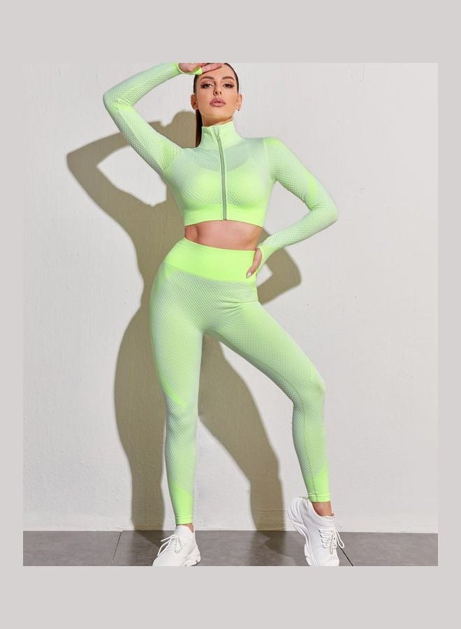 Joychic Women's 2-piece Long Sleeved Zipper Crop top Exercise Set, Seamless High Waisted Sports Leggings, Yoga Fitness Daily Travel - Image 1
