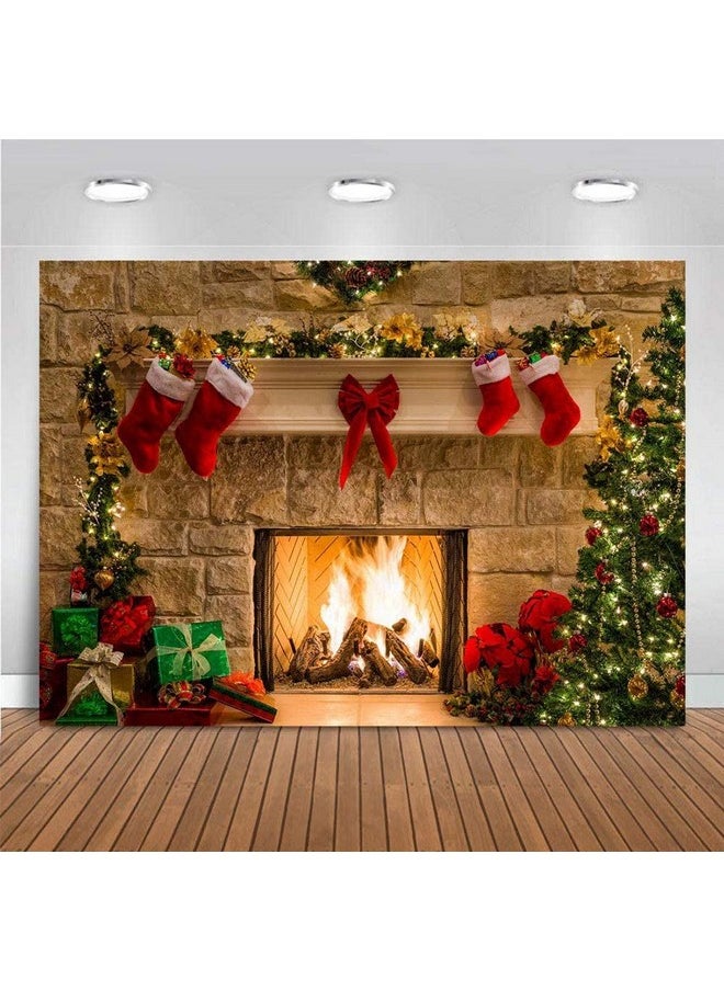 Fanghui - Christmas Themed Home Decor Photography Backdrop Photo Booth Christmas Tree Fireplace Children Birthday Newborn Baby Shower Vinyl 5X3Ft Photo Background Studio Props Party Banner Supplies - Image 1