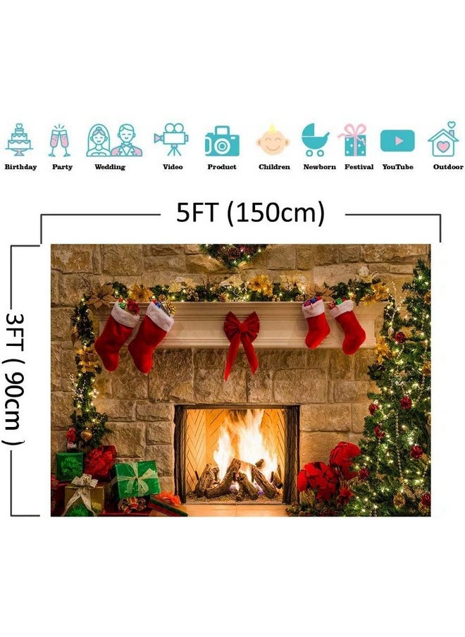 Fanghui - Christmas Themed Home Decor Photography Backdrop Photo Booth Christmas Tree Fireplace Children Birthday Newborn Baby Shower Vinyl 5X3Ft Photo Background Studio Props Party Banner Supplies - Image 1
