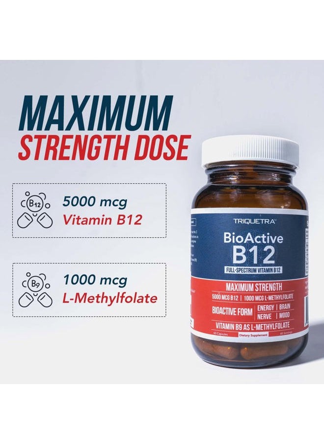 BioActive Vitamin B12 - 5000 mcg, Contains 3 BioActive B12 Forms Plus Methylfolate Cofactor - Methyl B12, Adenosyl B12 & Hydroxy B12 | Supports Energy, Metabolism & Mood | Vegan, Non-GMO (60 Servings)