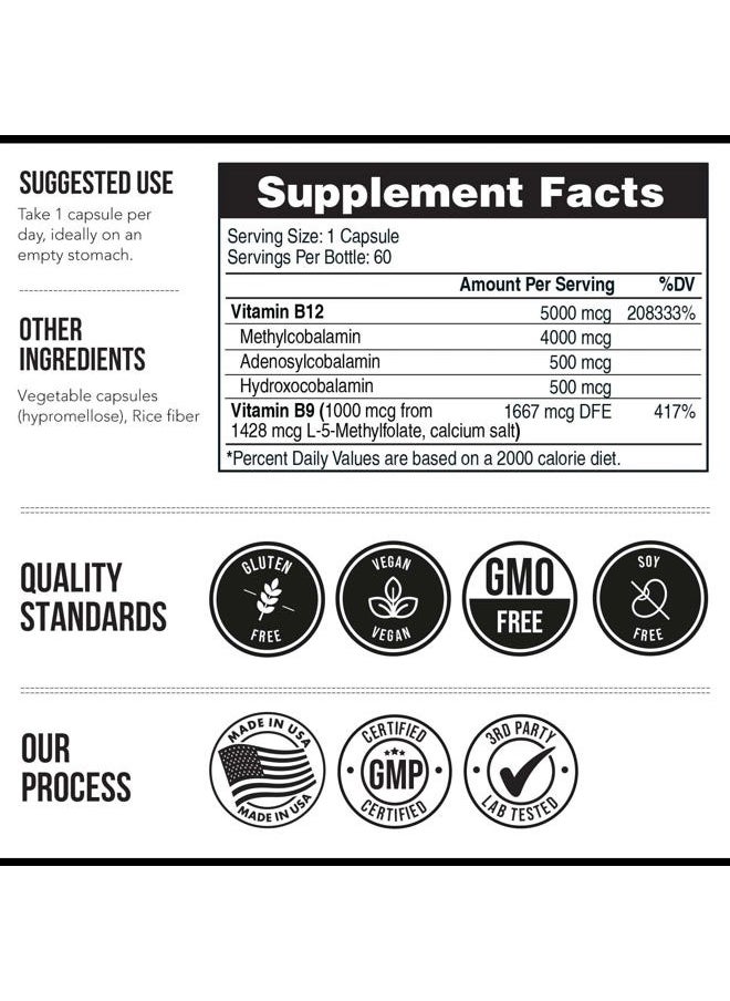 BioActive Vitamin B12 - 5000 mcg, Contains 3 BioActive B12 Forms Plus Methylfolate Cofactor - Methyl B12, Adenosyl B12 & Hydroxy B12 | Supports Energy, Metabolism & Mood | Vegan, Non-GMO (60 Servings)