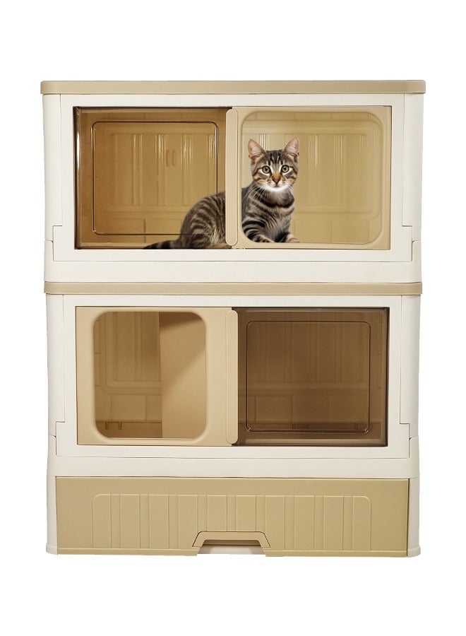 MAJIBAO Foldable cat litter box, Double layer cat toilet with wheels, Combination cat house and litter box, Enclosed with drawer litter box Set design and detachable (Beige Color) 82 cm H  - Image 1
