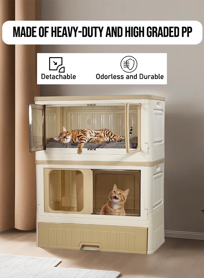 MAJIBAO Foldable cat litter box, Double layer cat toilet with wheels, Combination cat house and litter box, Enclosed with drawer litter box Set design and detachable (Beige Color) 82 cm H  - Image 3