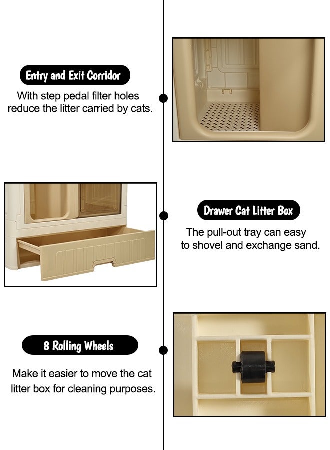 MAJIBAO Foldable cat litter box, Double layer cat toilet with wheels, Combination cat house and litter box, Enclosed with drawer litter box Set design and detachable (Beige Color) 82 cm H  - Image 5