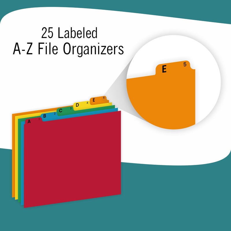 EXTRIC Alphabetical File Organizer, 25 Alphabet Dividers with Tabs Letter Size File Cabinet Dividers, A-Z Manila Guides 5 Assorted Colors, 1/5 Cut Tab Positions Filing Cabinet and Desk Organization - Image 4
