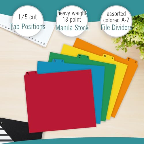 EXTRIC Alphabetical File Organizer, 25 Alphabet Dividers with Tabs Letter Size File Cabinet Dividers, A-Z Manila Guides 5 Assorted Colors, 1/5 Cut Tab Positions Filing Cabinet and Desk Organization - Image 2