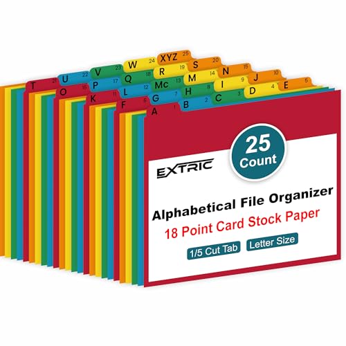 EXTRIC Alphabetical File Organizer, 25 Alphabet Dividers with Tabs Letter Size File Cabinet Dividers, A-Z Manila Guides 5 Assorted Colors, 1/5 Cut Tab Positions Filing Cabinet and Desk Organization - Image 1