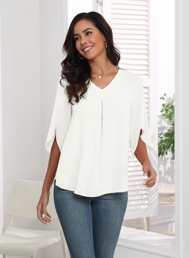 LAOLASI Womens Summer Blouses Plus Size Tops Dressy Casual Short Sleeve Loose Hide Belly Blouses for Women,White,3XL - Image 3