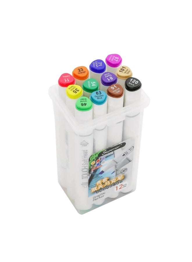 Superior 12 Colors Art Markers Set Dual Heads Broad Fine Point with PP Storage Box for Children Students Professionals Artists Designers Drawing Coloring Sketching - Image 1