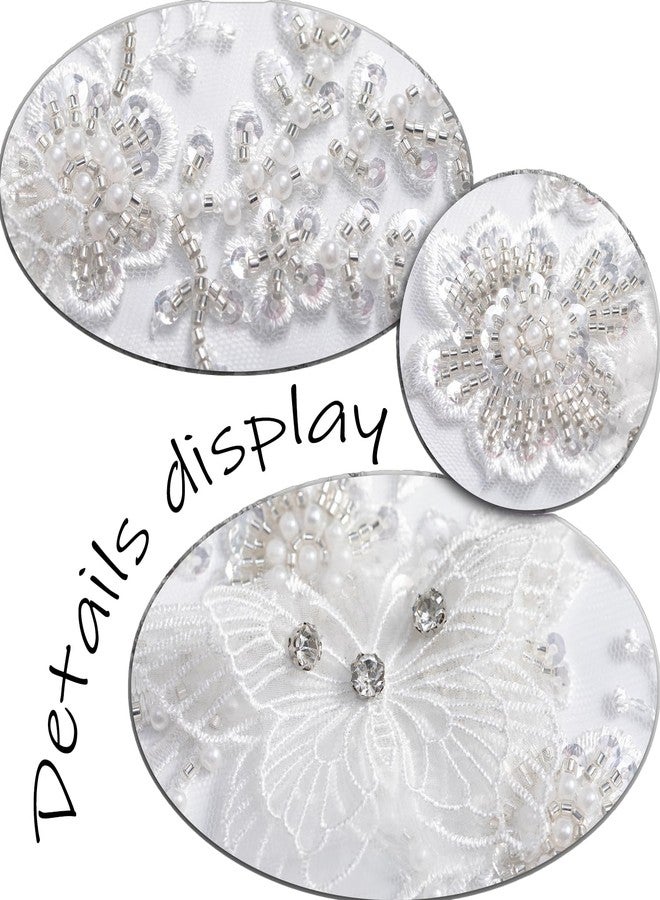 FixrWre Butterfly Fabric Rhinestones Beaded Lace Applique,3D Embroidered Lace Fabric Patch for Clothes，Dress(White) - Image 4