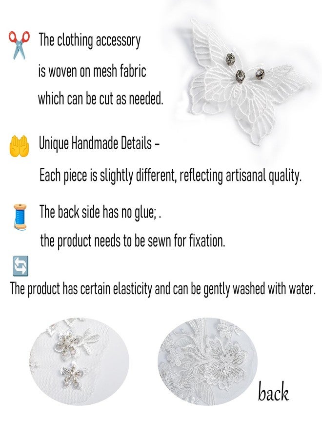 FixrWre Butterfly Fabric Rhinestones Beaded Lace Applique,3D Embroidered Lace Fabric Patch for Clothes，Dress(White) - Image 5