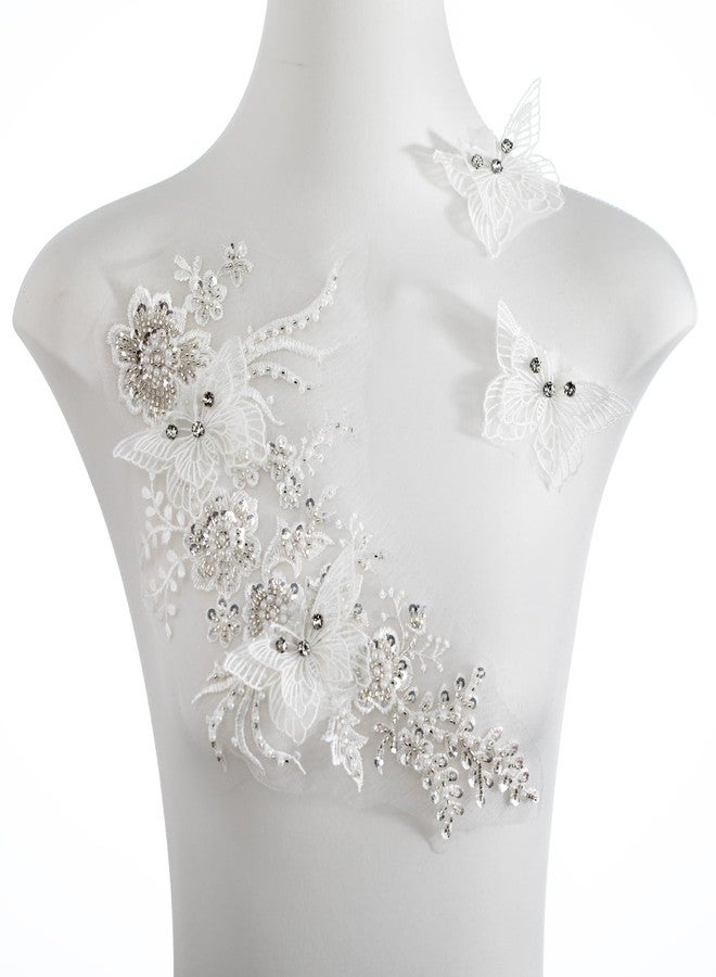 FixrWre Butterfly Fabric Rhinestones Beaded Lace Applique,3D Embroidered Lace Fabric Patch for Clothes，Dress(White) - Image 1