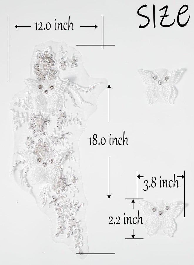 FixrWre Butterfly Fabric Rhinestones Beaded Lace Applique,3D Embroidered Lace Fabric Patch for Clothes，Dress(White) - Image 2