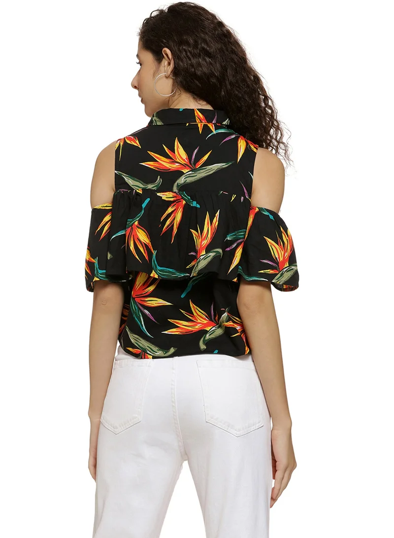 PINACOLADA  Women's Midnight Black Flora Cold-Shoulder Top for Women | Best Price UAE