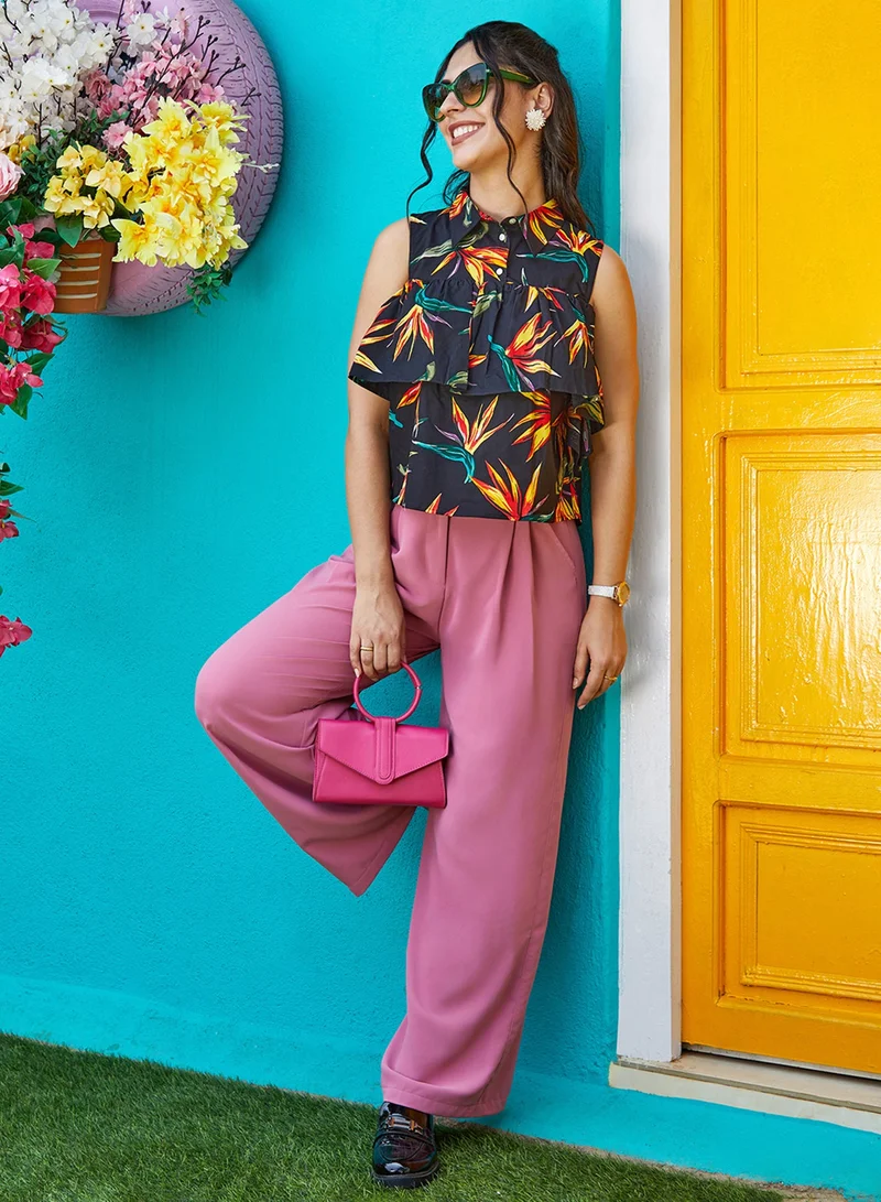PINACOLADA  Women's Midnight Black Flora Cold-Shoulder Top for Women | Best Price UAE