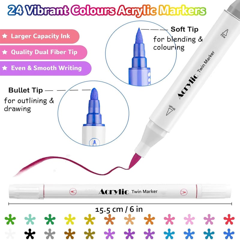 KLIFFOO 24 Colors Dual Tip Acrylic Paint Markers Set with Carrying Case For Painting Sketching Calligraphy Drawing, Permanent Colouring Marker Pens For Rock, Canvas, Wood, Glass, Ceramic, Fabric (24) - Image 3