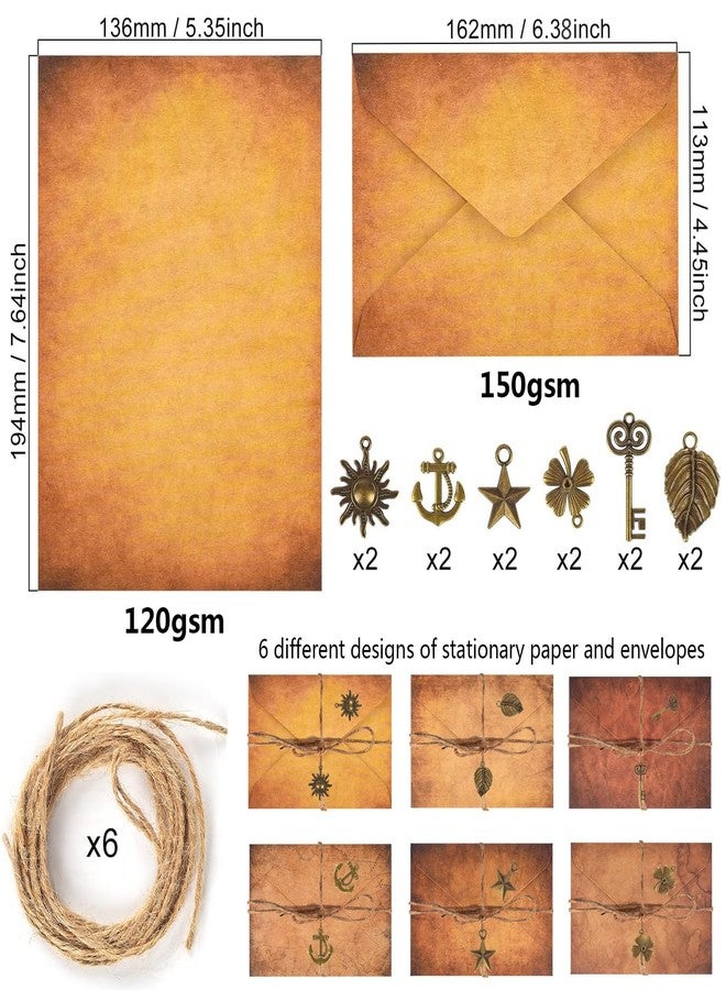 WLXTREE Vintage Stationery Paper and Envelopes Set - 24 Sheets Classic Aged Antique Letter Paper Stationary Set for Writing Letters Invitations with 12 Old Style Kraft Envelopes Rope Accessories Pendant - Image 2