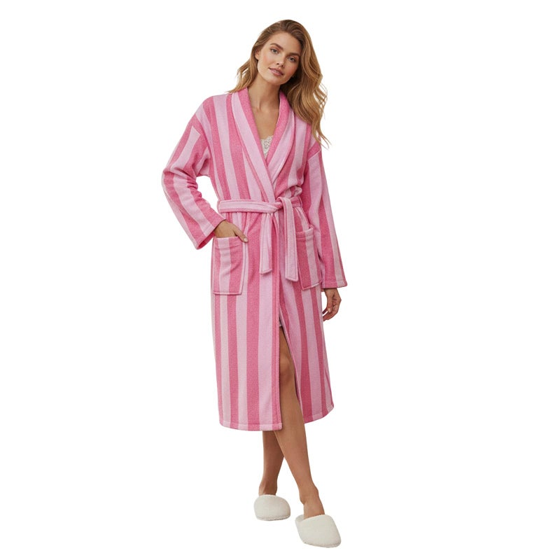 Owl's-Yard Women's Soft Summer Dressing Gown Floral Fruit Print Plush Shawl Collar Bathrobe Warm Lounge Robe with Belt (C-Coral Red, M) - Image 1