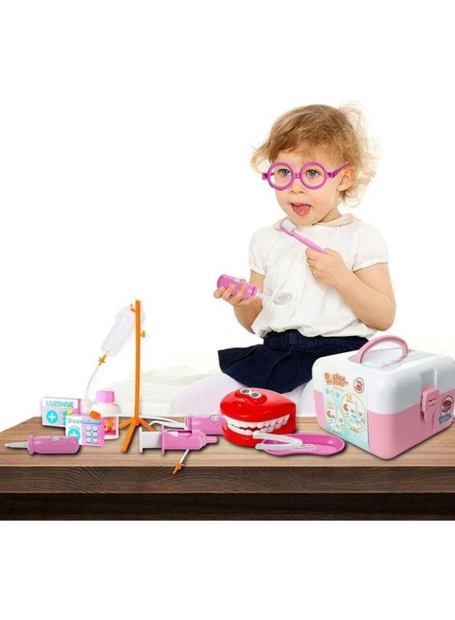 Dentist Play Set for Boys and Girls, 15 Pieces, Pink, with Storage Box, Dental Model and Medical Tools (L0013-E)