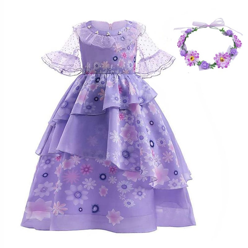 LZH Encanto Mirabel Costume Dress For Girls Cosplay Isabela Madrigal Princess Halloween Dress Up With Glasses Earrings