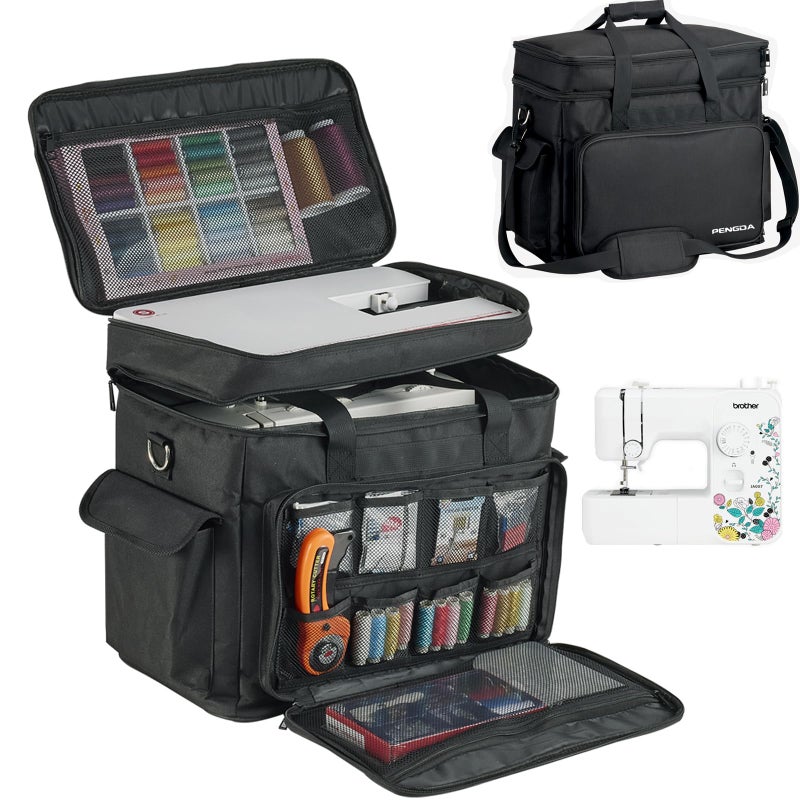 PENGDA 2 Layer Sewing Machine Case with Adjustable Shoulder Strap Sewing Machine Carrying Case Universal Tote Bag for Sewing Machine and Sewing Accessories Storage Black - Image 1