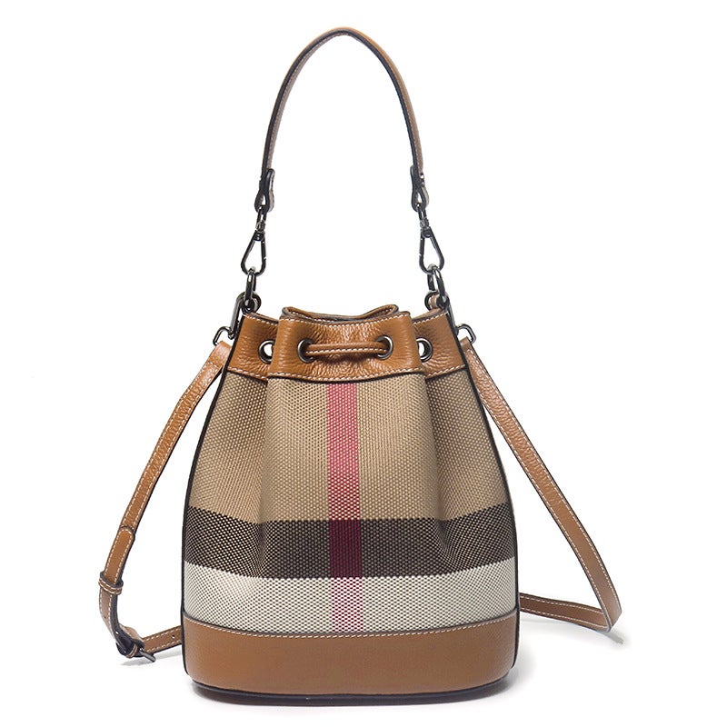 Trendy Bucket Bag Genuine Leather Women'S Spring And Shoulder Crossbody Bag Top Layer Cowhide Canvas Bag All-Match - Image 4