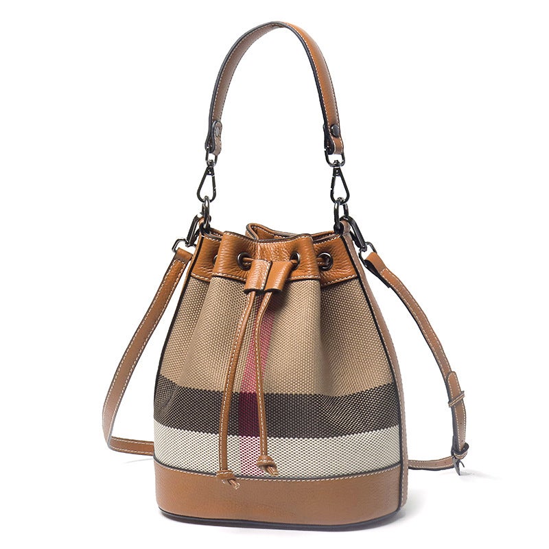 Trendy Bucket Bag Genuine Leather Women'S Spring And Shoulder Crossbody Bag Top Layer Cowhide Canvas Bag All-Match - Image 3
