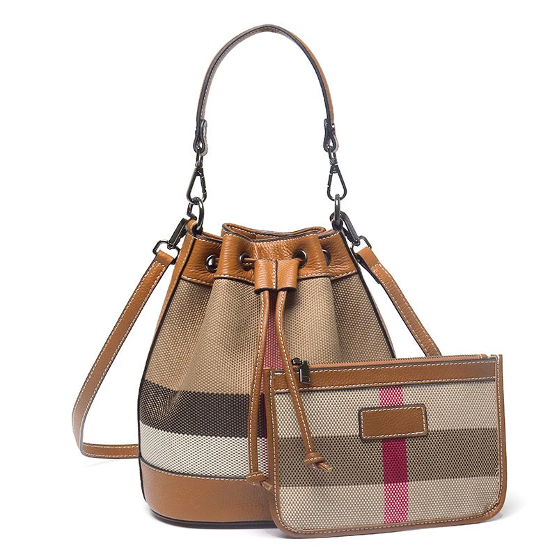 Trendy Bucket Bag Genuine Leather Women'S Spring And Shoulder Crossbody Bag Top Layer Cowhide Canvas Bag All-Match - Image 2