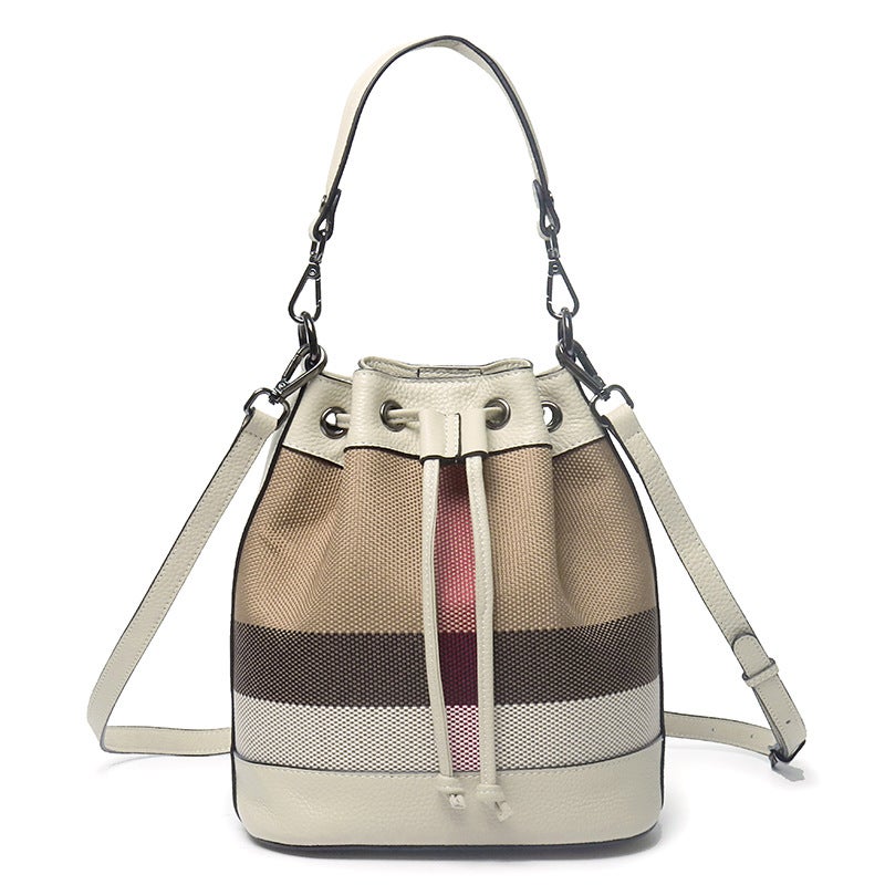 Trendy Bucket Bag Genuine Leather Women'S Spring And Shoulder Crossbody Bag Top Layer Cowhide Canvas Bag All-Match - Image 1