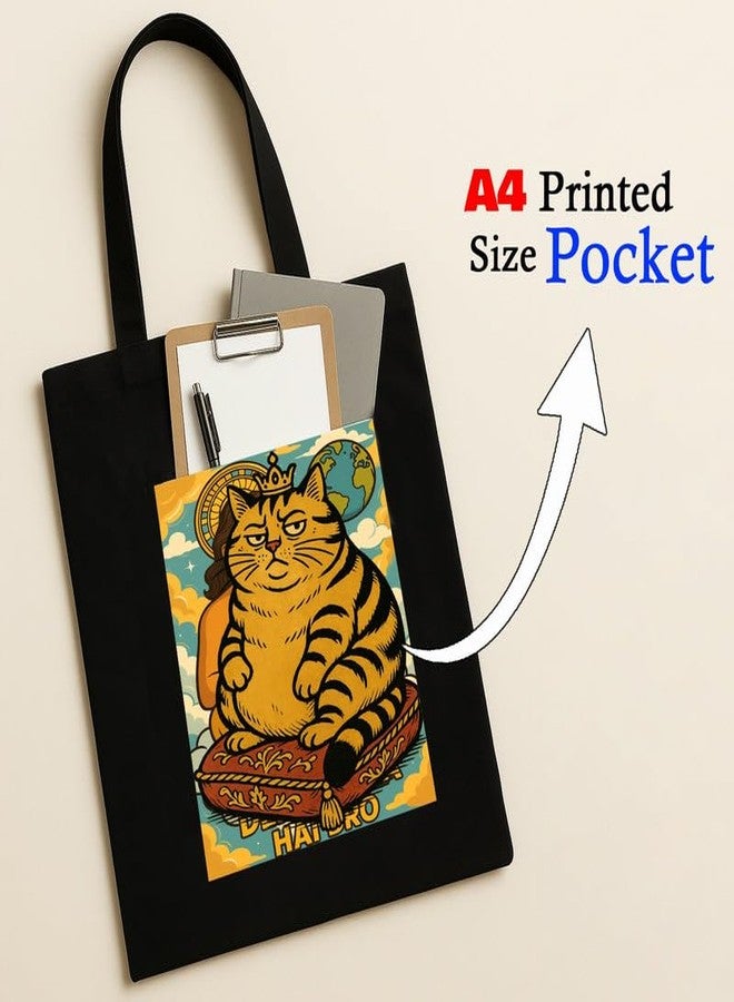 Megrok Boss Cat Tote Bag for Women | Front A4 Size Printed Pocket | 16x14 Inch Feline Cotton Bag | Cat Personality Statement - Image 2