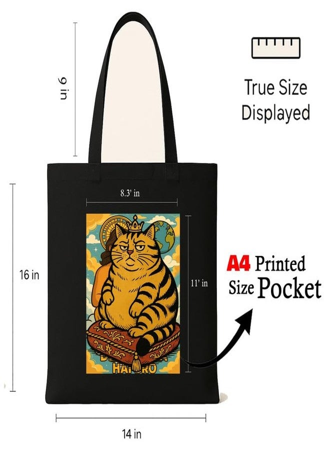 Megrok Boss Cat Tote Bag for Women | Front A4 Size Printed Pocket | 16x14 Inch Feline Cotton Bag | Cat Personality Statement - Image 3
