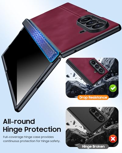oupeigar for Samsung Galaxy Z Fold 7 Case with Privacy Screen Protector & Hinge Protection, Wireless Charging, Ultra Thin Stylish Leather Matte PC Durable Shockproof Cover Phone Case for Fold 7-Red - Image 4