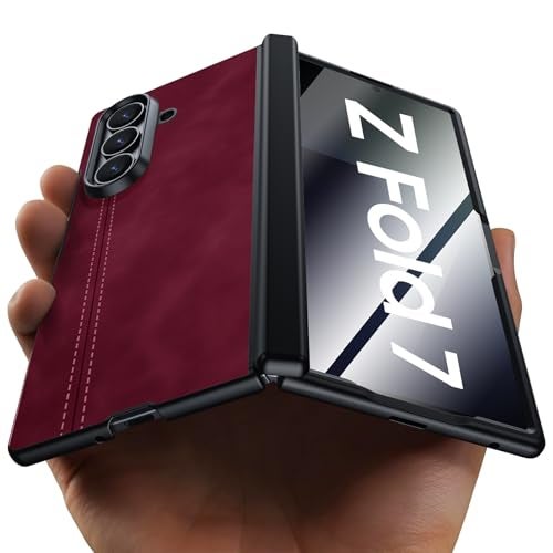 oupeigar for Samsung Galaxy Z Fold 7 Case with Privacy Screen Protector & Hinge Protection, Wireless Charging, Ultra Thin Stylish Leather Matte PC Durable Shockproof Cover Phone Case for Fold 7-Red - Image 1
