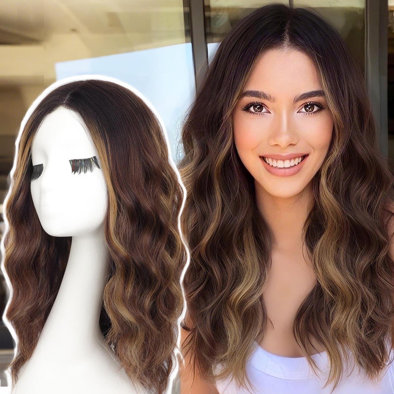 AISI HAIR 18 inch Highlights Brown Wig for Women Medium Length Wave Curly Glueless Synthetic Heat Resistant Hair Wigs for Daily Party Cosplay - Image 1