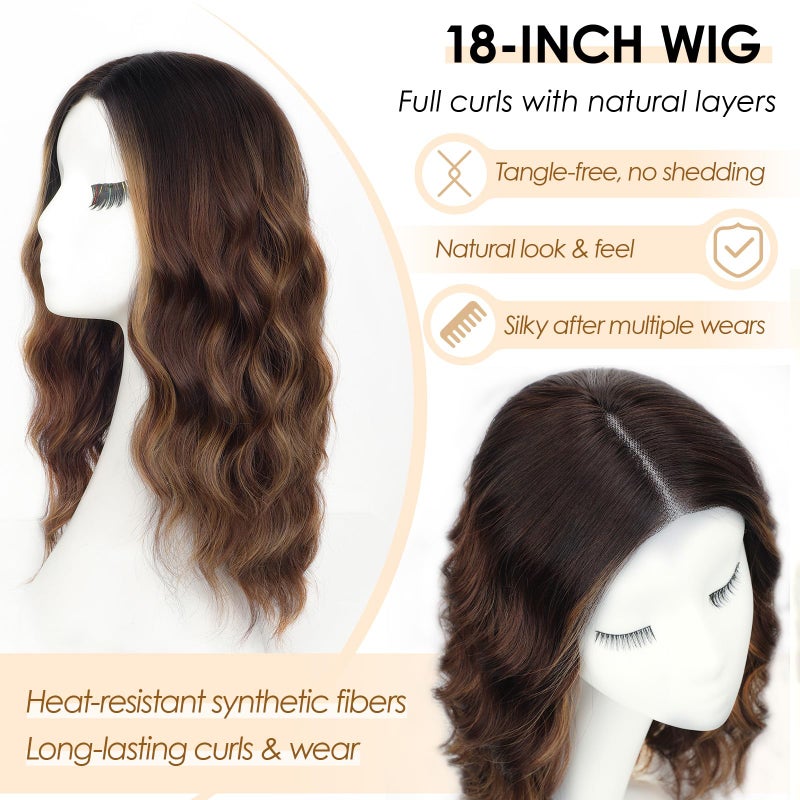 AISI HAIR 18 inch Highlights Brown Wig for Women Medium Length Wave Curly Glueless Synthetic Heat Resistant Hair Wigs for Daily Party Cosplay - Image 2