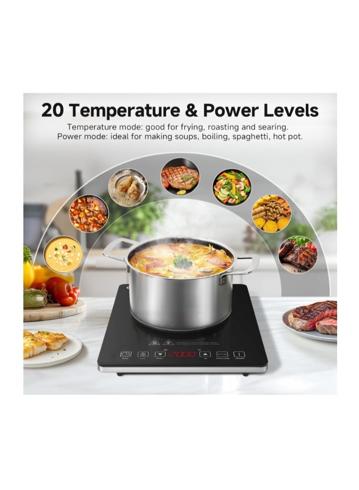 AMZCHEF Portable Electric Stove Delivers 2000W Power with 20 Adjustable Levels, Induction Cooktop Includes a Timer, Touch Control, Safety Lock, Silver - Image 4
